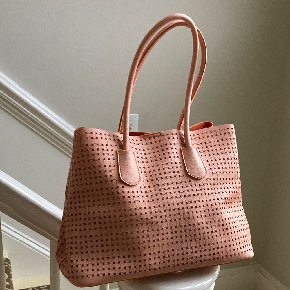 Big Buddha Woven Coral Satchel. Perforated vinyl material.
